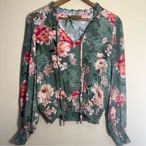 Anthropology Kachel Silk Floral Green Women's Peasant Top 6 Like New